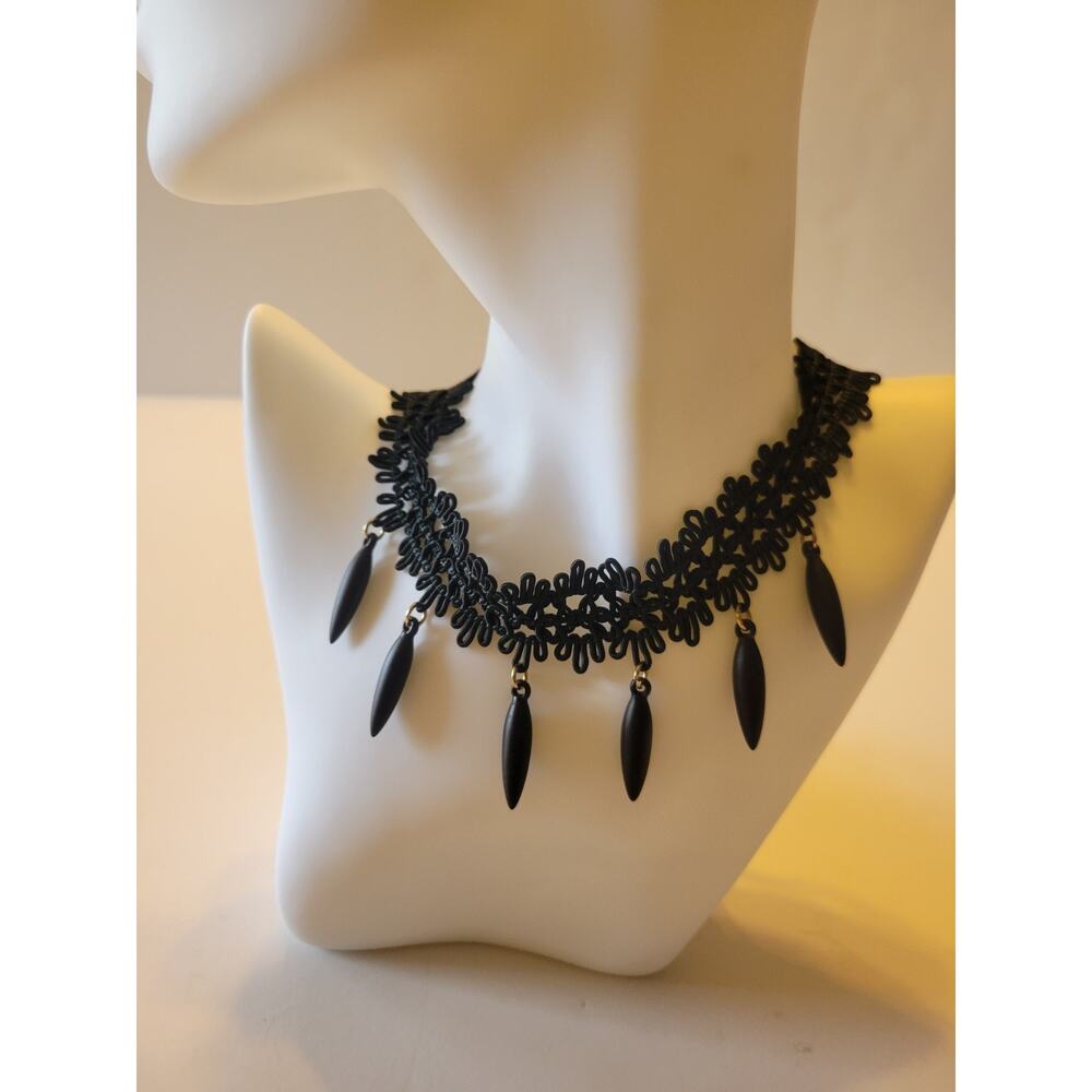 Vtg‎ Black Cloth Tatted Gothic Lace Dangle Victorian Jewelry Choker Necklace